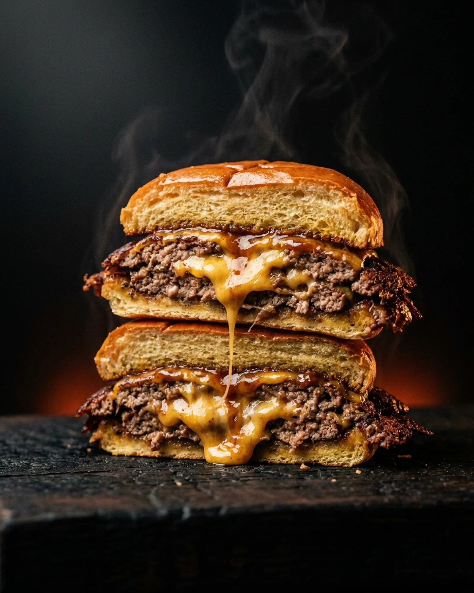 Double cheeseburger with lettuce and onion on a dark slate background