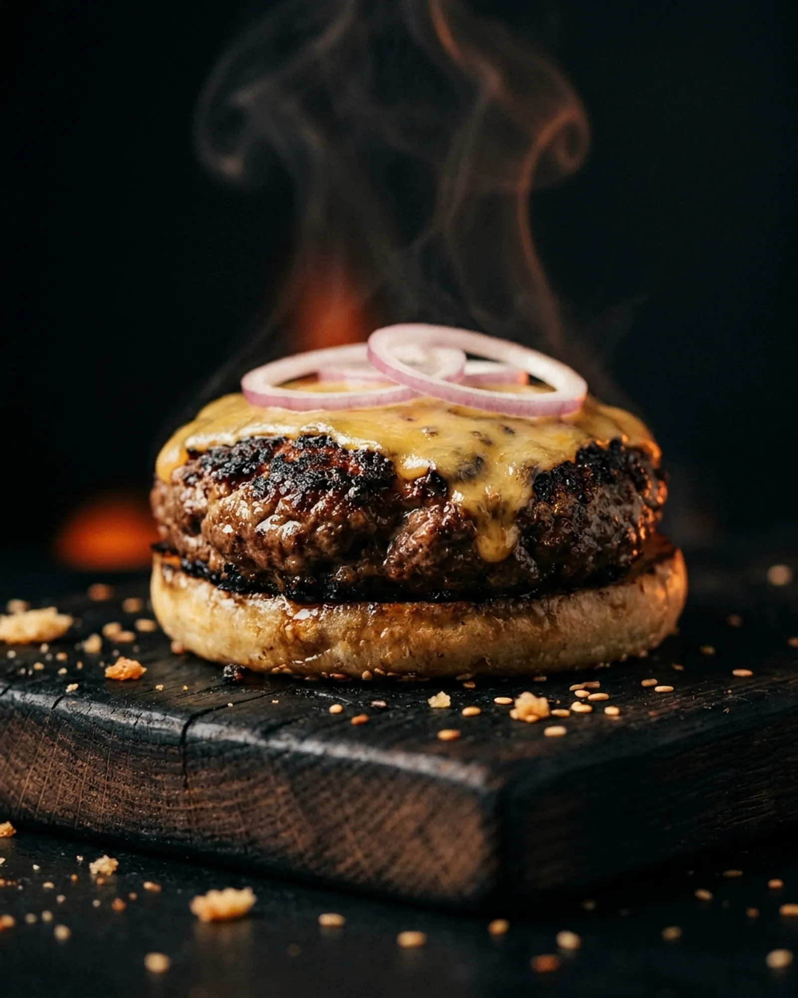 Flame-grilled cheeseburger with lettuce and red onion on black